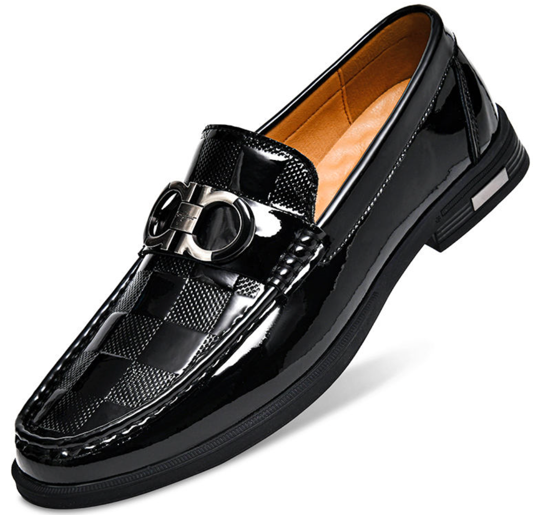 Men’s Cowhide Leather Loafers – Glossy Embossed British Business Shoes