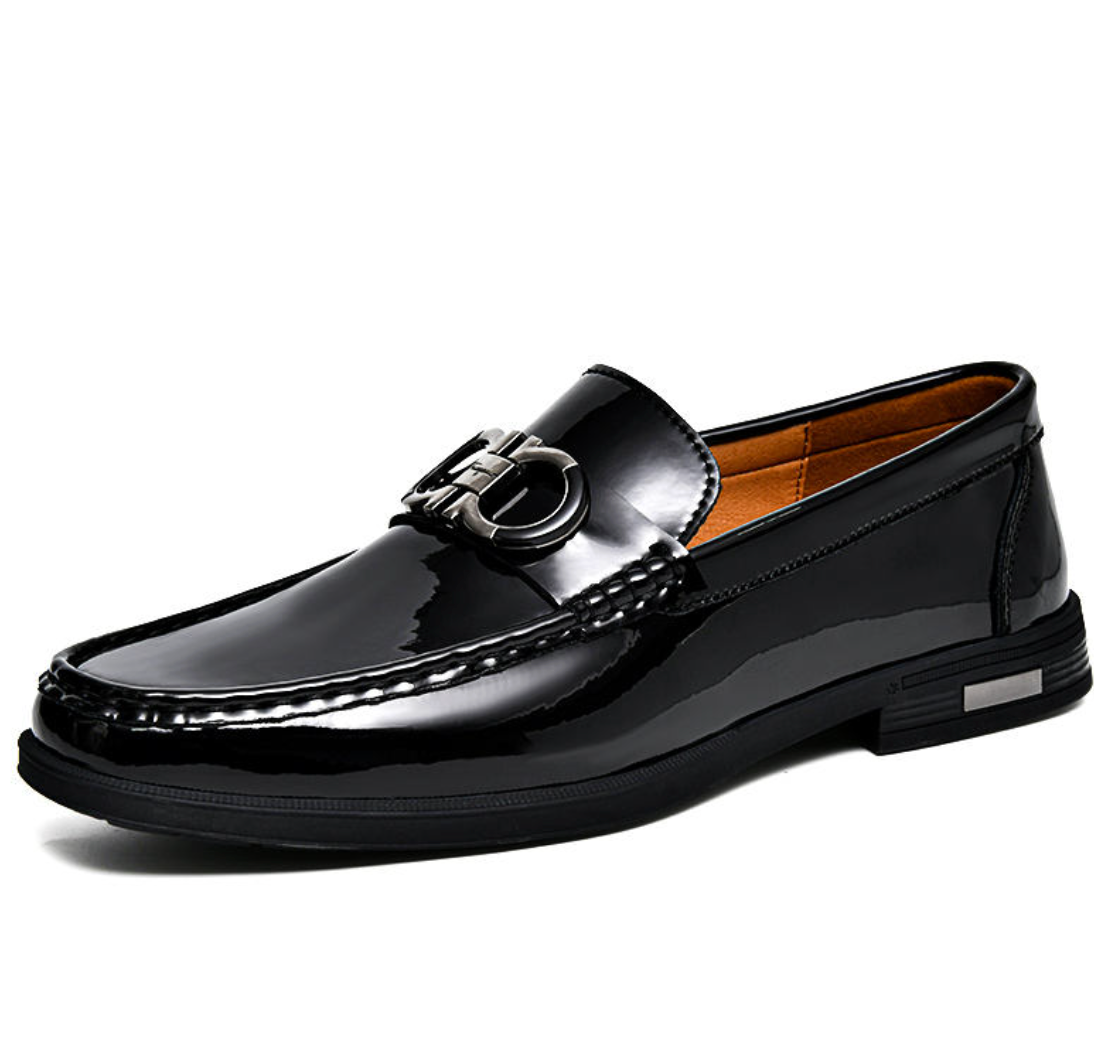 Men’s Cowhide Leather Loafers – Glossy Embossed British Business Shoes