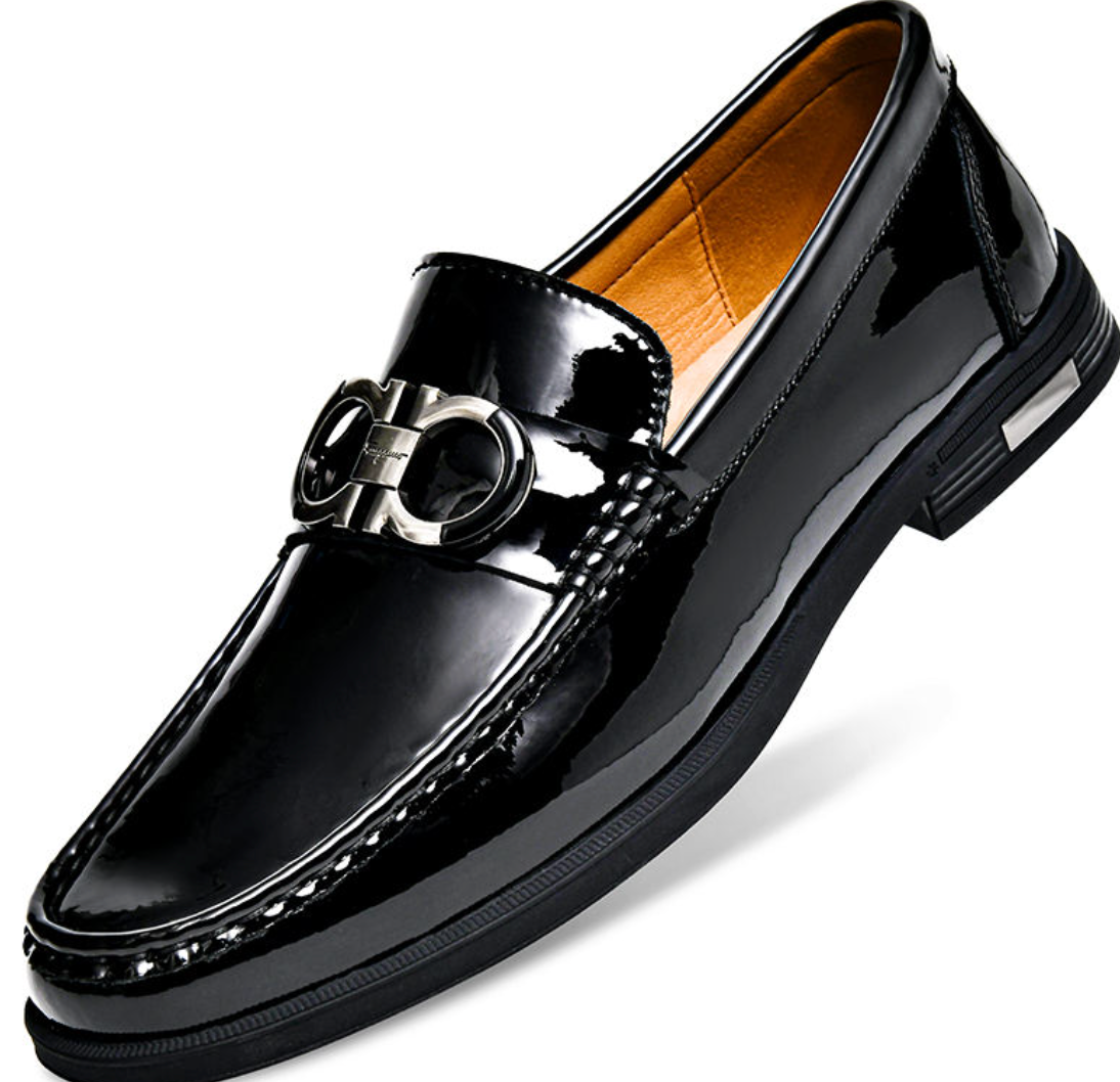 Men’s Cowhide Leather Loafers – Glossy Embossed British Business Shoes
